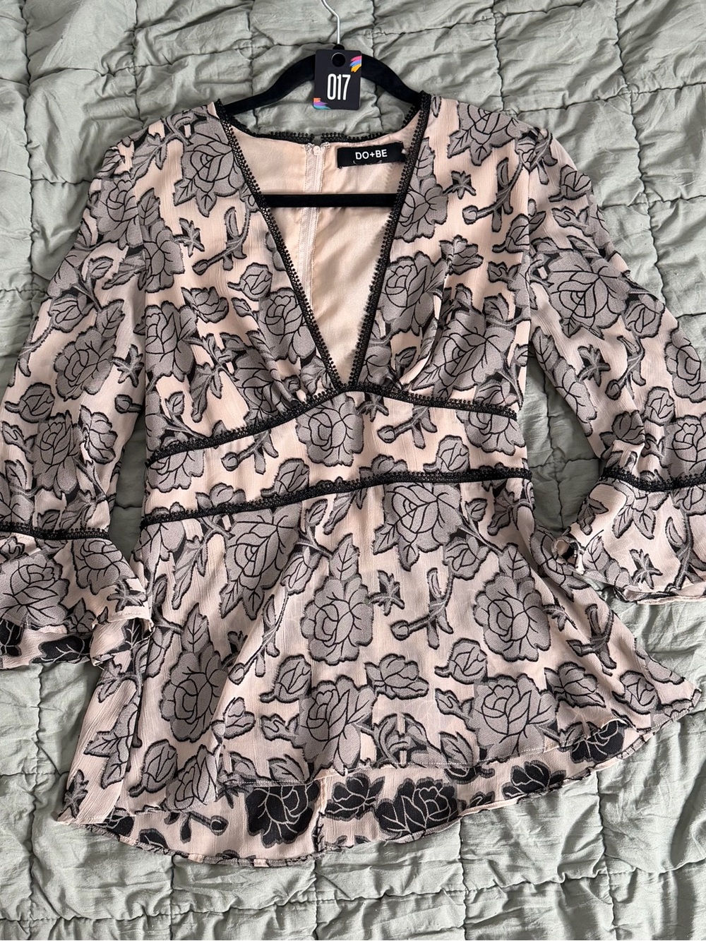 DO+BE Blush Pink V-Neck Peplum Top with Black Floral Lace